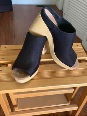 Toms Black Open-Toe Clog Mules with Light Wood Platform